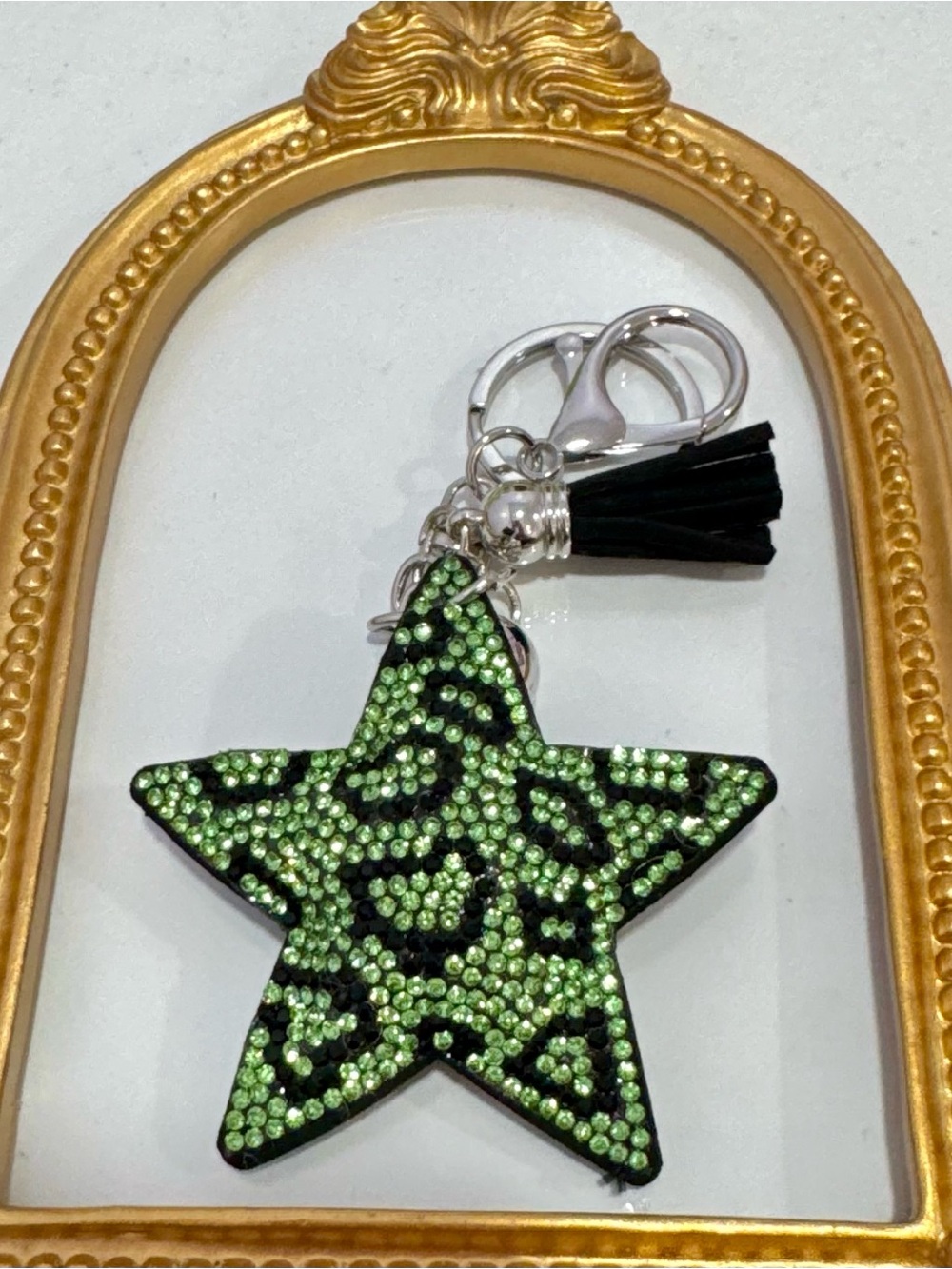New Green Leopard Rhinestone Star Keychain with Black Tassel